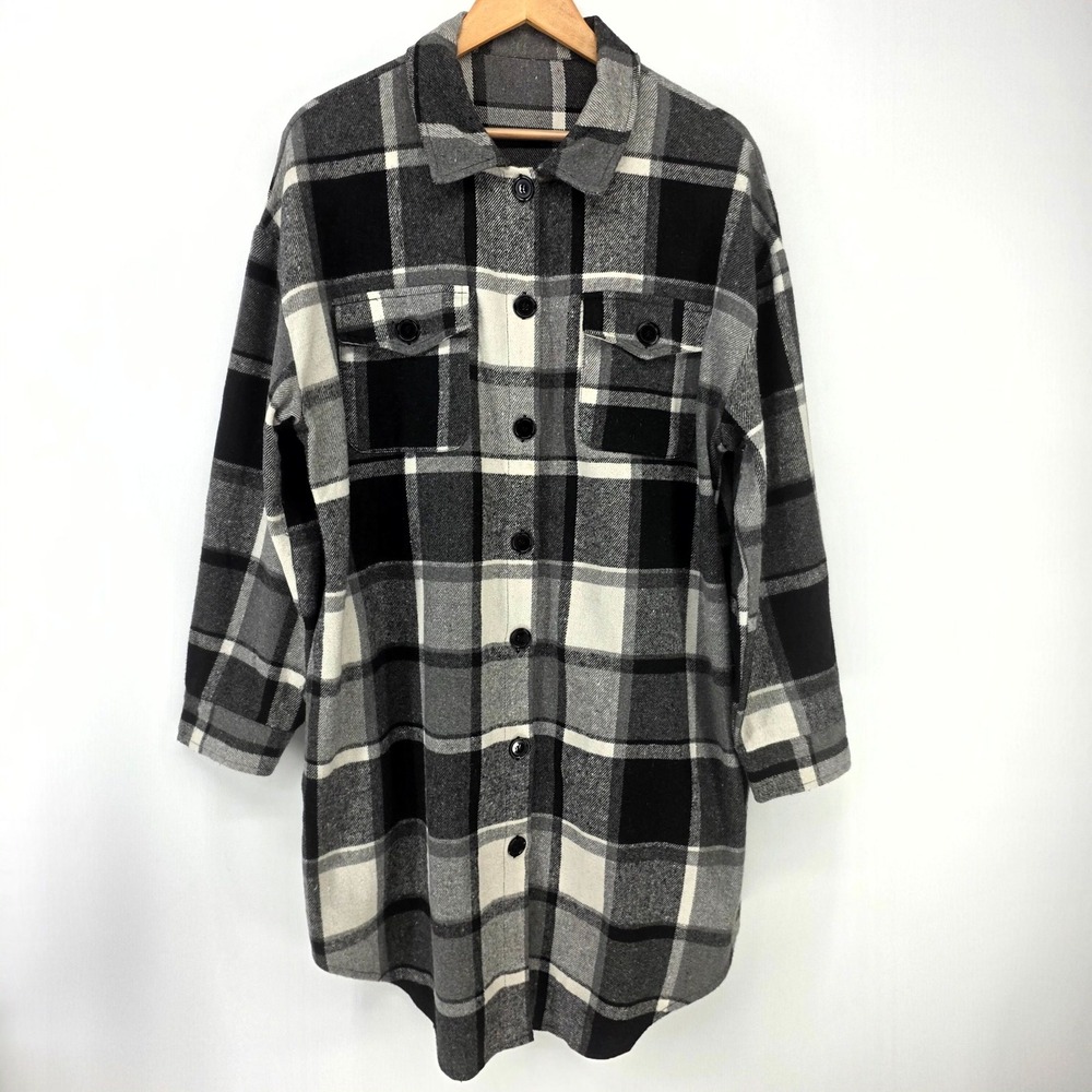 Unbranded Plaid Shacket Women XL Black White Buffalo Check Longline Button Up